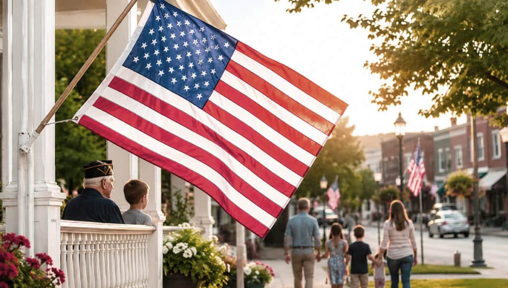 American flag waving in the breeze during a community parade or celebration.