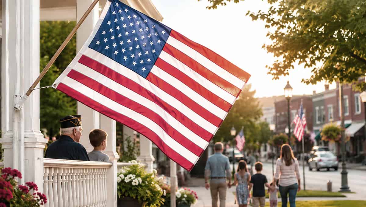 American flag waving in the breeze during a community parade or celebration.