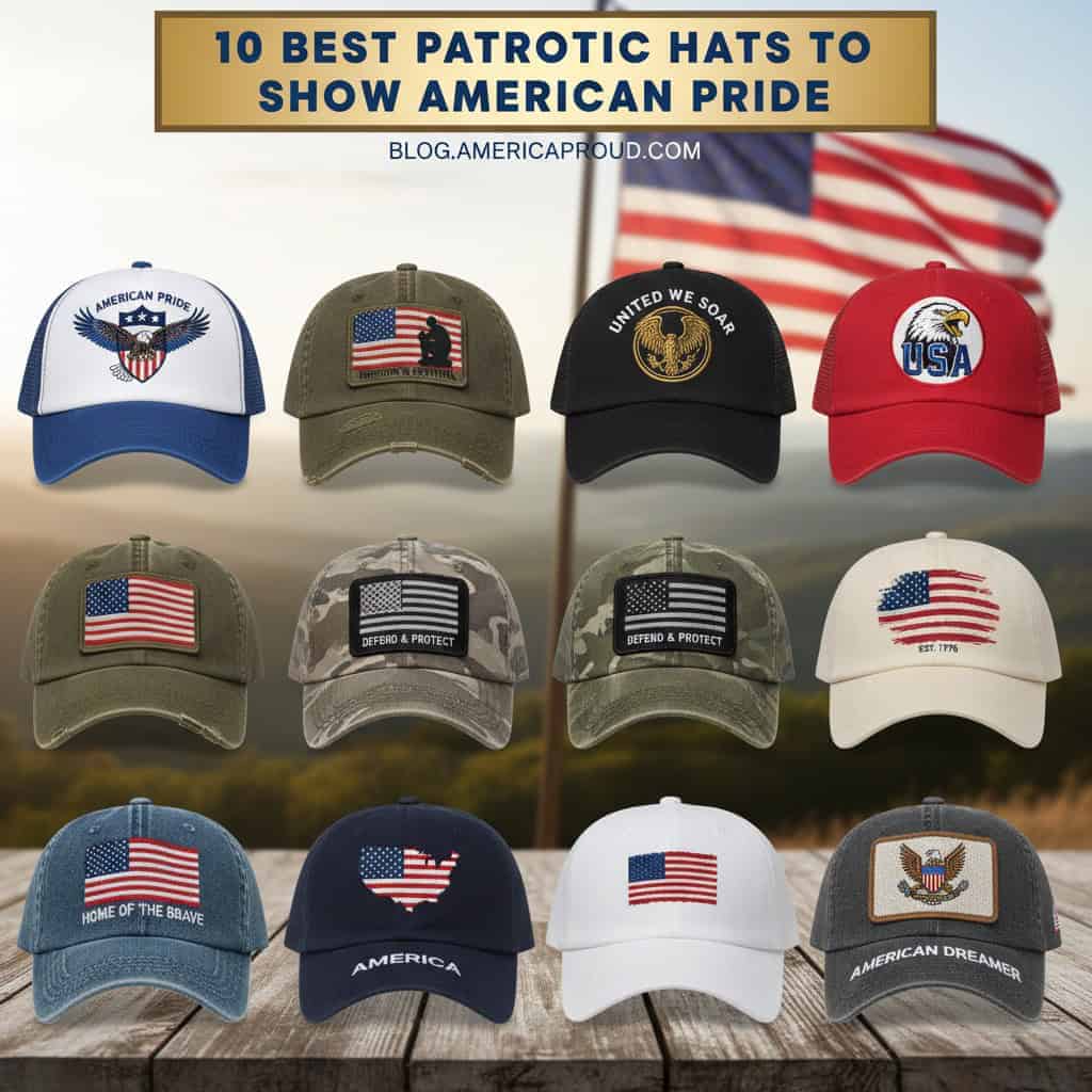 Collection of 12 patriotic hats with American flags and symbols for 2026.