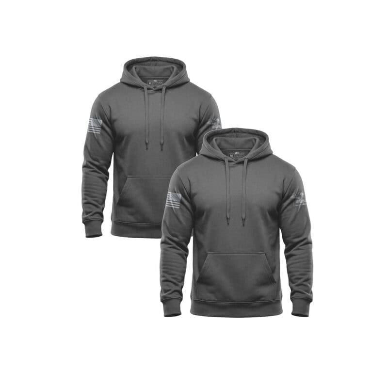 Two charcoal hoodies with white stripe details on sleeves from America 2 Wear.