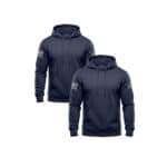 Two navy hoodies with white stripe details on sleeves for men.