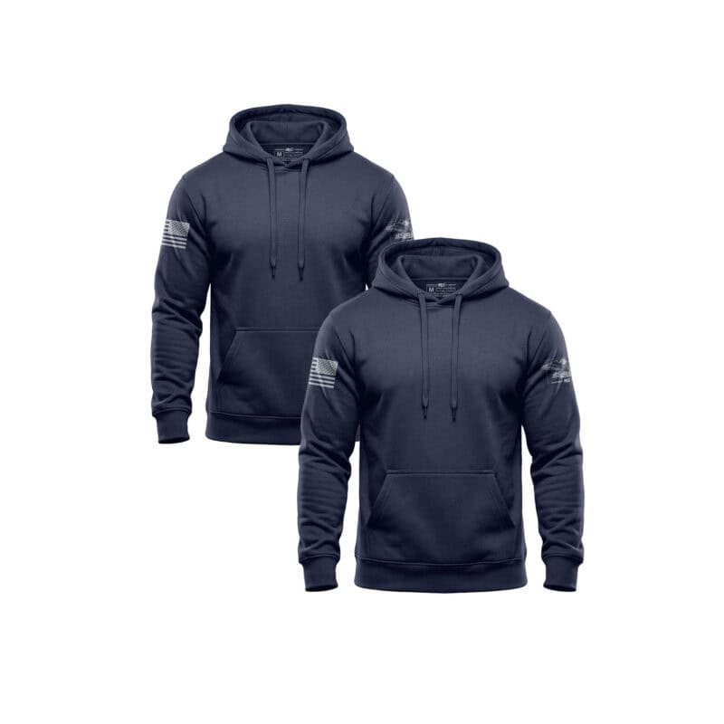 Two navy hoodies with white stripe details on sleeves for men.