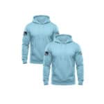 Sky blue hoodies with American flag patch on sleeve for men and women.