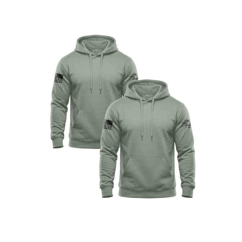 Two sage-colored hoodies with black stripe details on sleeves from America 2 Wear.