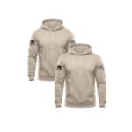 Two beige hoodies with American flag patches on sleeves for men and women.
