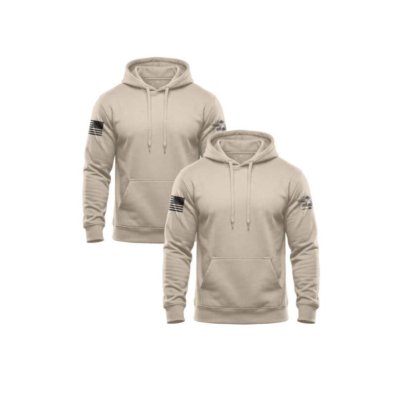 Two beige hoodies with American flag patches on sleeves for men and women.