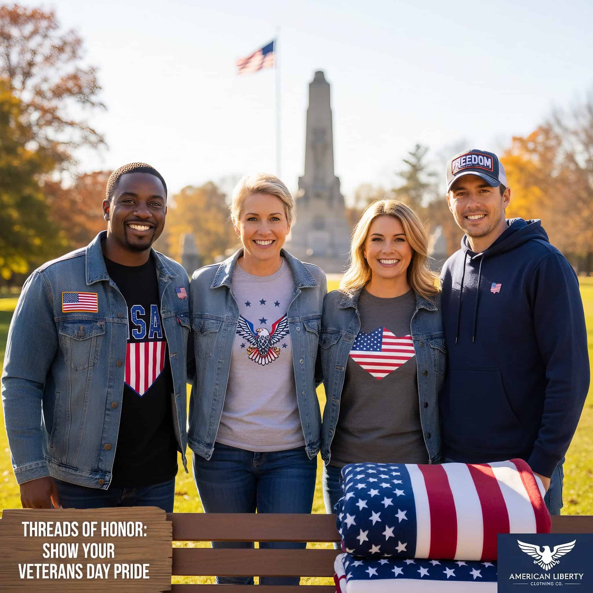 Group of diverse people wearing patriotic clothing for Veterans Day.