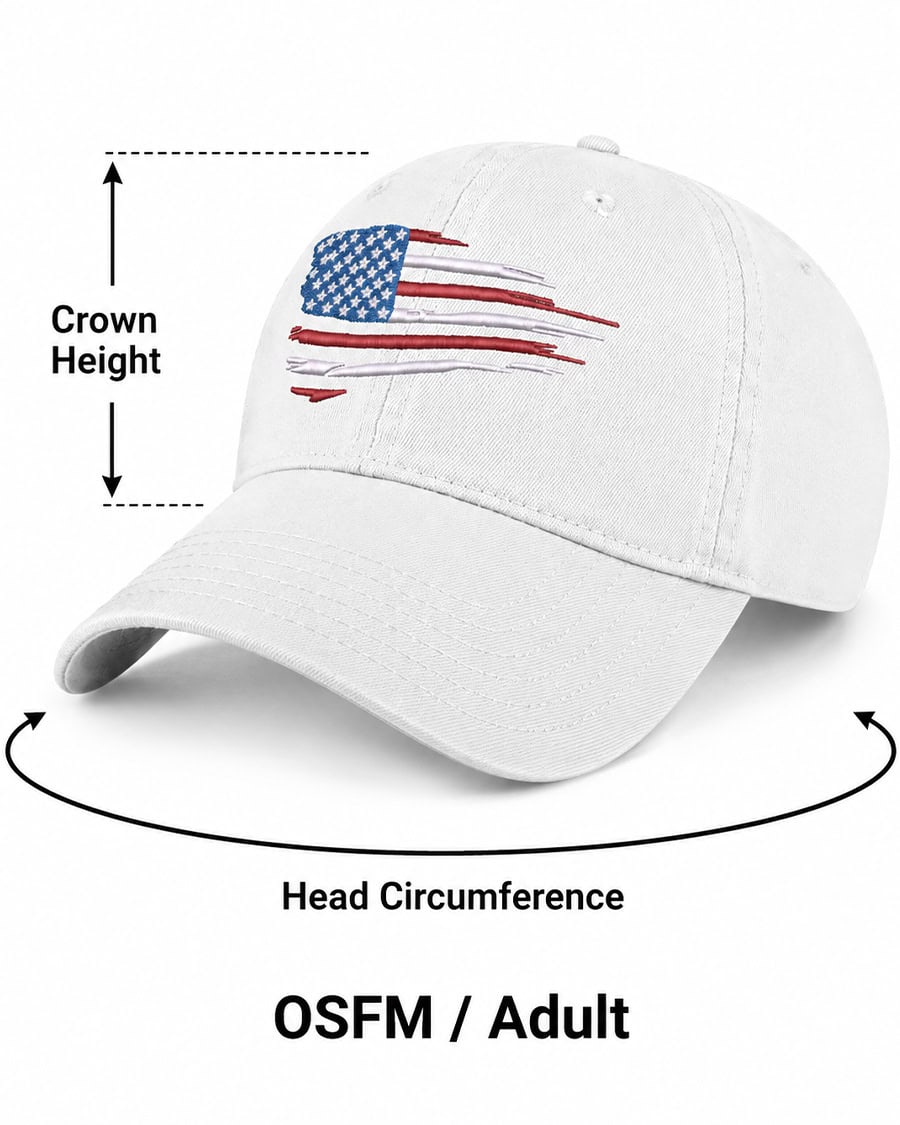 America 2 Wear baseball hat size guide showing head circumference and crown height measurements