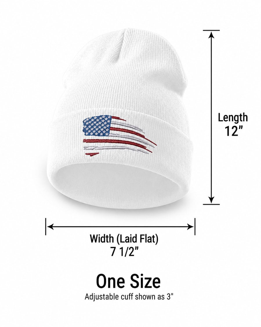 White beanie with American flag design, 12-inch length, 7.5-inch width, one size fits all.