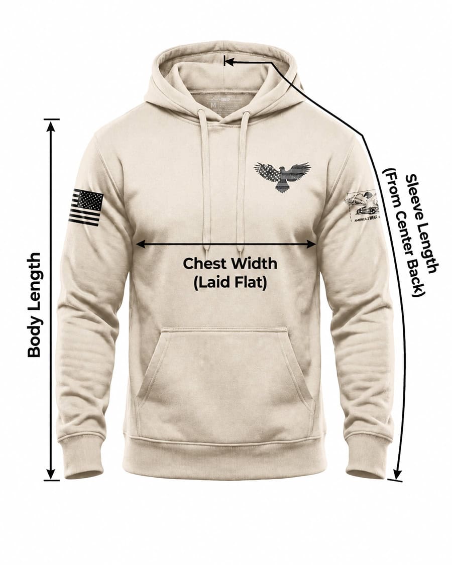 America 2 Wear hoodie size guide showing chest width, body length, and sleeve length from center back