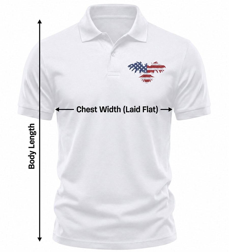 America 2 Wear polo size guide showing chest width and body length measurements