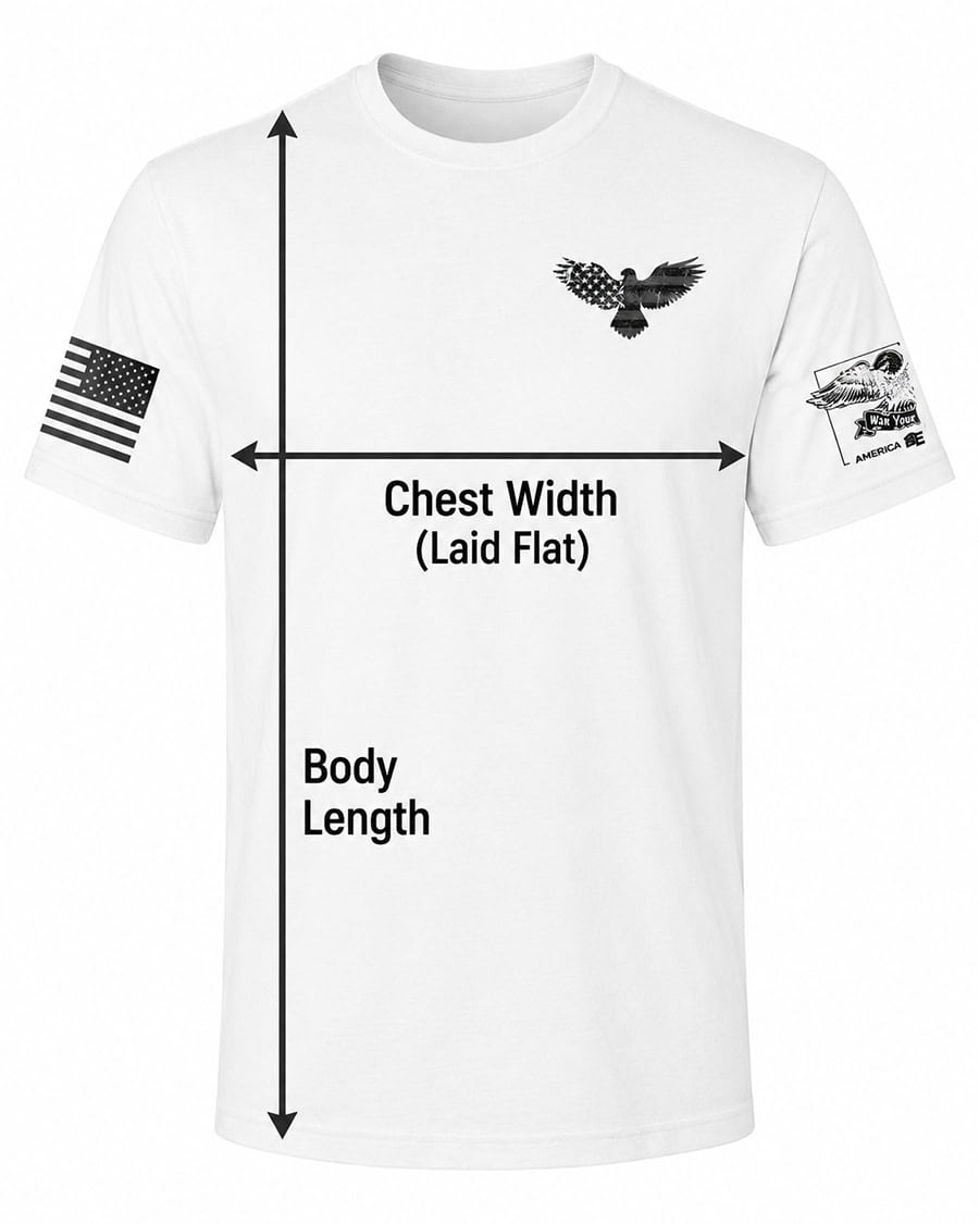 America 2 Wear T-shirt size guide showing chest width and body length measurements