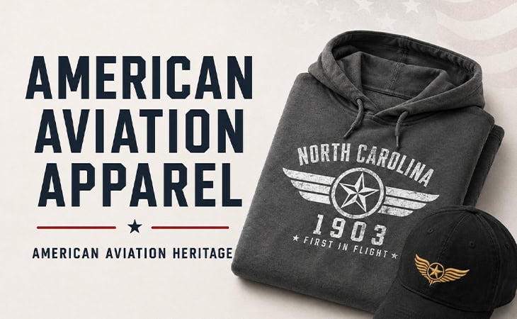 American aviation apparel hoodie and cap with North Carolina design and wings logo.