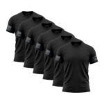 Set of five black American flag sleeve T-shirts for men.