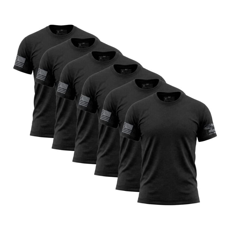 Set of five black American flag sleeve T-shirts for men.