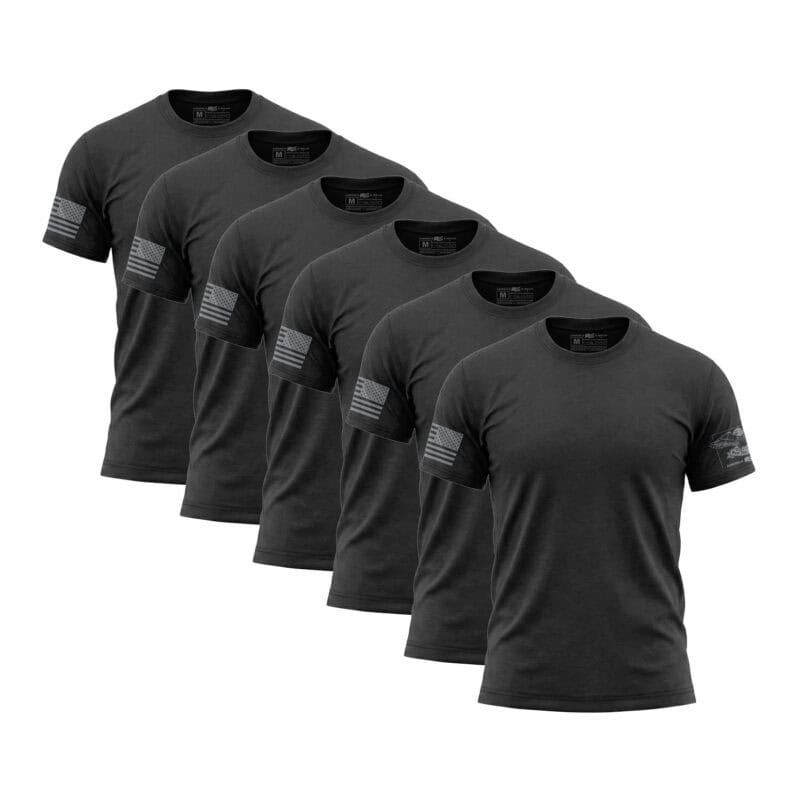 Set of six charcoal American flag sleeve T-shirts for men.