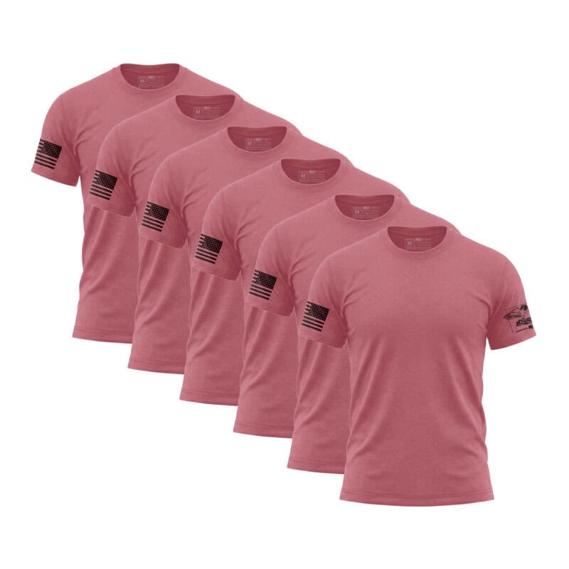 Set of six dusty rose American flag sleeve T-shirts for men.