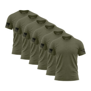 Six olive green American flag sleeve T-shirts for men, casual wear, patriotic style.