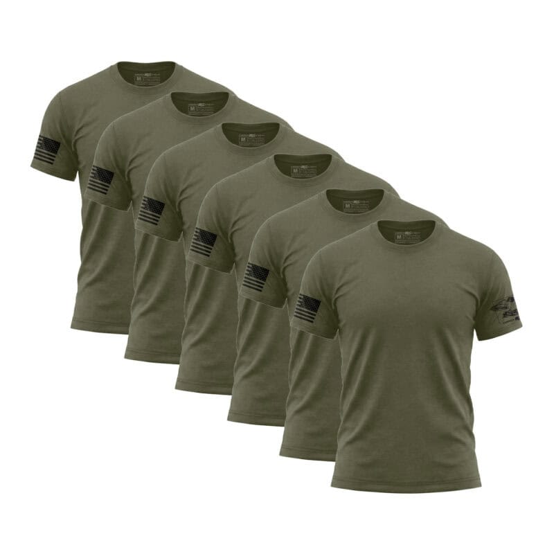 Six olive green American flag sleeve T-shirts for men, casual wear, patriotic style.