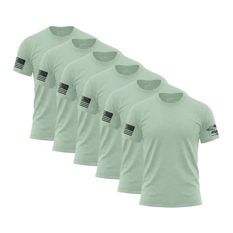 Set of six mint green American flag sleeve T-shirts for men.
