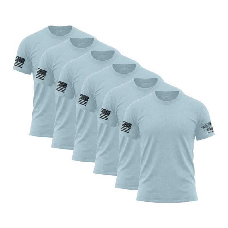 Set of five sky blue American flag sleeve T-shirts for men.