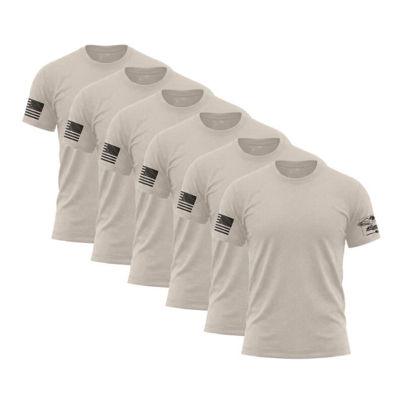 Set of five white American flag sleeve T-shirts for men.