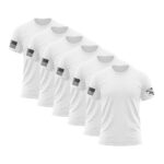 Set of five white T-shirts with American flag patch on sleeve for patriotic wear.