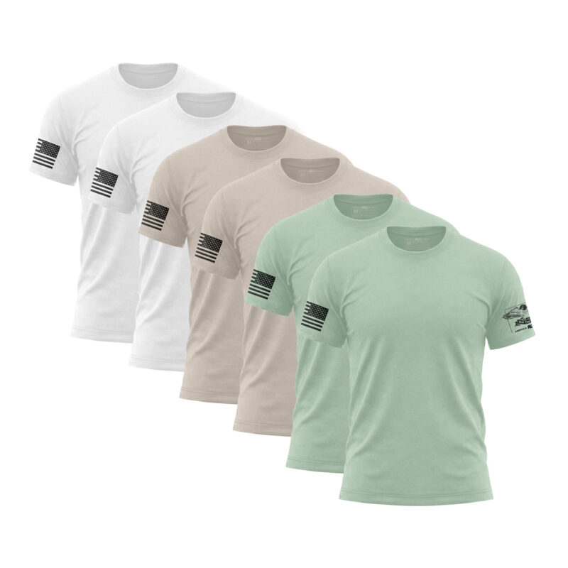 Liberty Light six-pack with two White two Sand and two Mint patriotic T-shirts