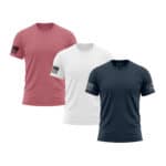 Set of three patriotic T-shirts in red, white, and navy with American flag patches.