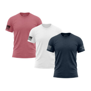 Set of three patriotic T-shirts in red, white, and navy with American flag patches.