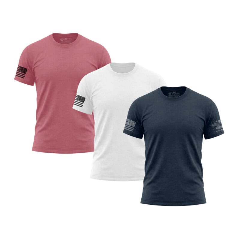 Set of three patriotic T-shirts in red, white, and navy with American flag patches.