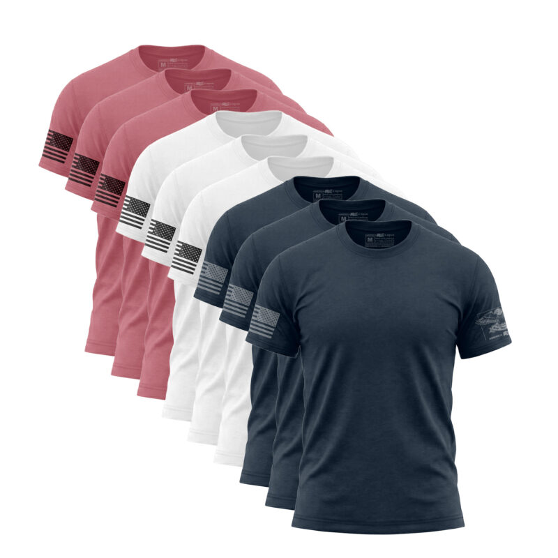 Stars and Stripes nine-pack with three red three white and three navy patriotic T-shirts