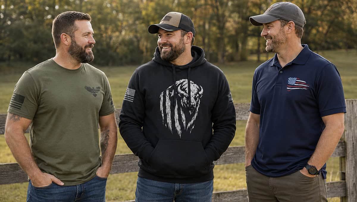 Three men wearing different styles from the best patriotic clothing brands in 2026