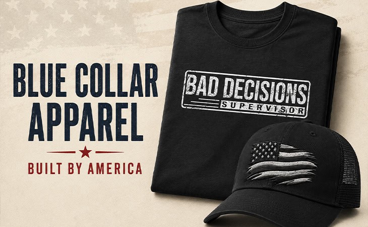 Black T-shirt and cap with American flag design and Bad Decisions Supervisor logo.