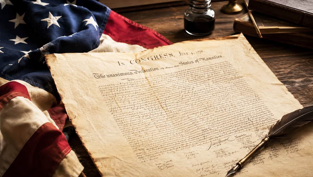 Historical Declaration of Independence with American flag and quill pen.