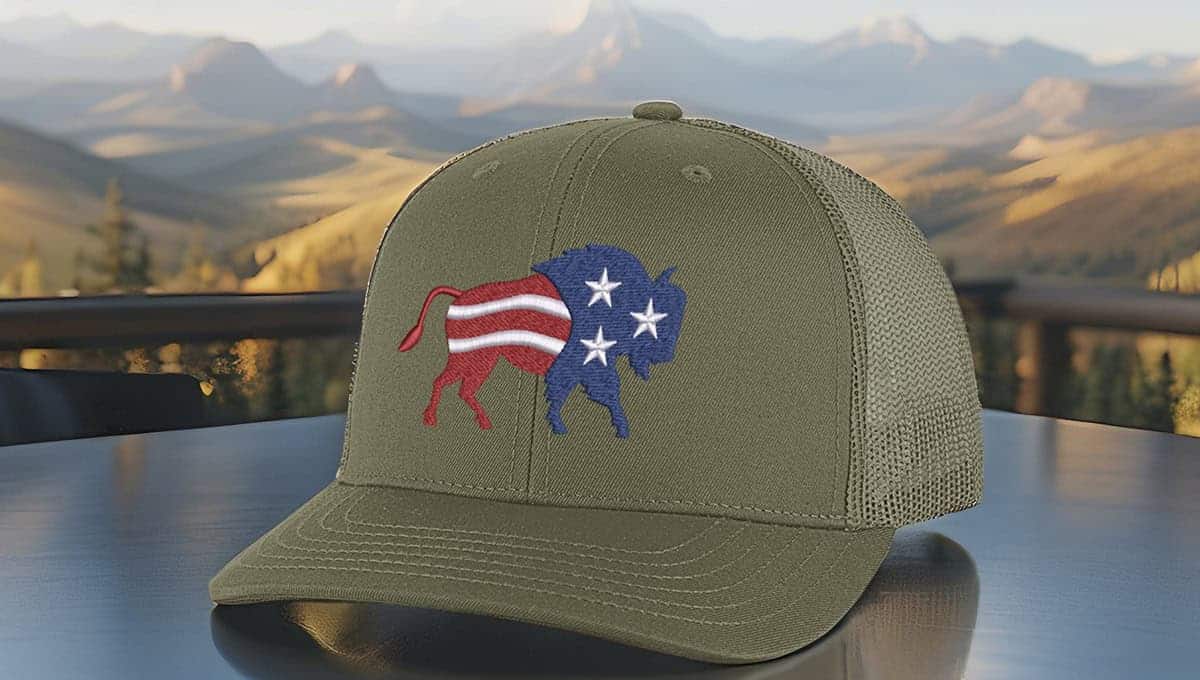 Olive green embroidered hat with American flag design on the front.