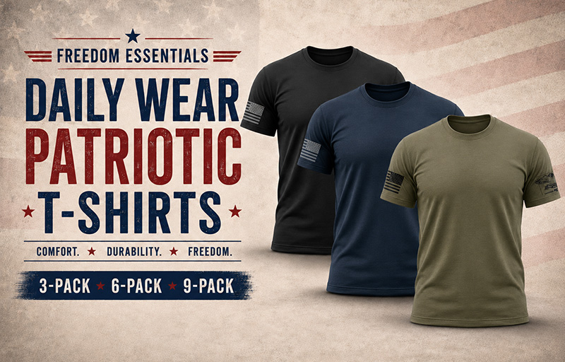 Freedom Essentials daily wear patriotic T-shirts shown in black, navy, and olive with 3-pack, 6-pack, and 9-pack options