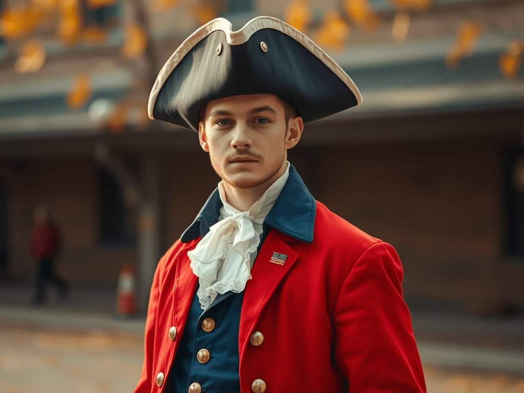 Young man in colonial American Revolutionary War costume with tricorn hat and red coat.