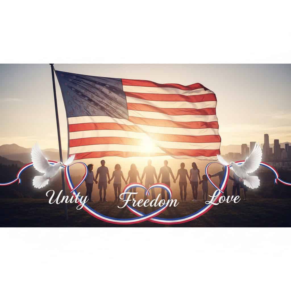 American flag with people holding hands and doves for unity and freedom.