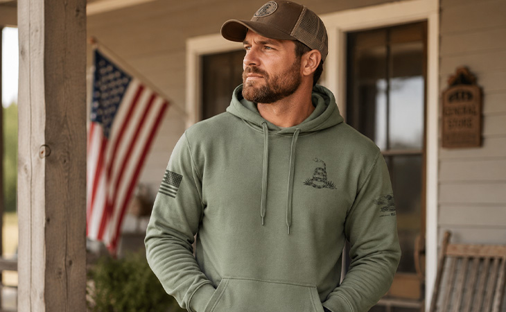 Minimalist patriotic hoodies with clean front designs and American sleeve details