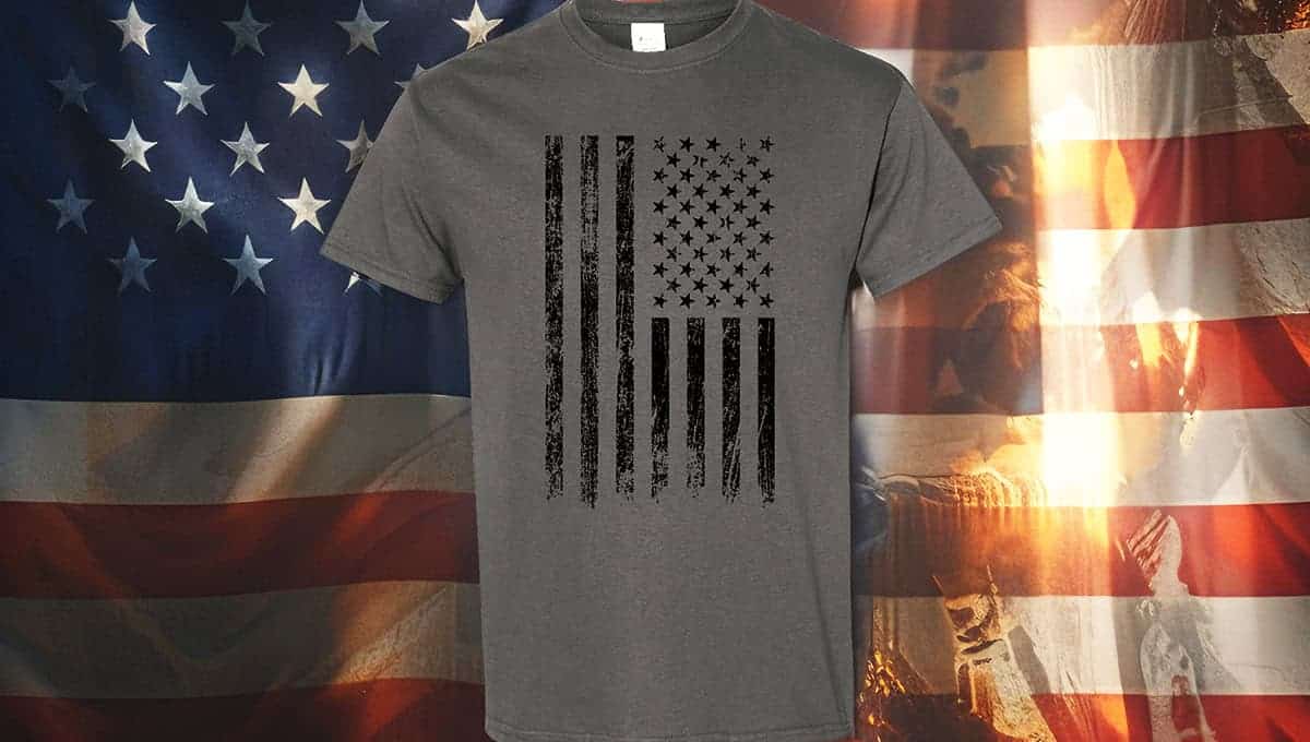 Gray T-shirt with black American flag design, patriotic fashion trend.