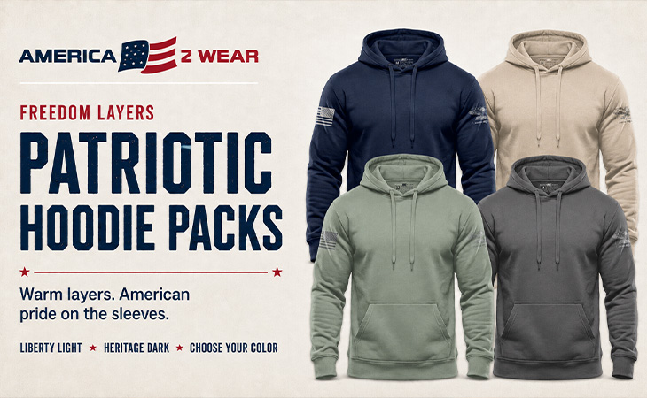 Patriotic hoodie packs category tile showing four America 2 Wear hoodies in navy, sand, sage, and charcoal from the Freedom Layers Hoodie Packs collection
