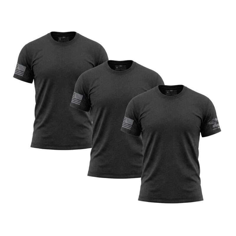 Set of three charcoal American flag sleeve T-shirts for men.