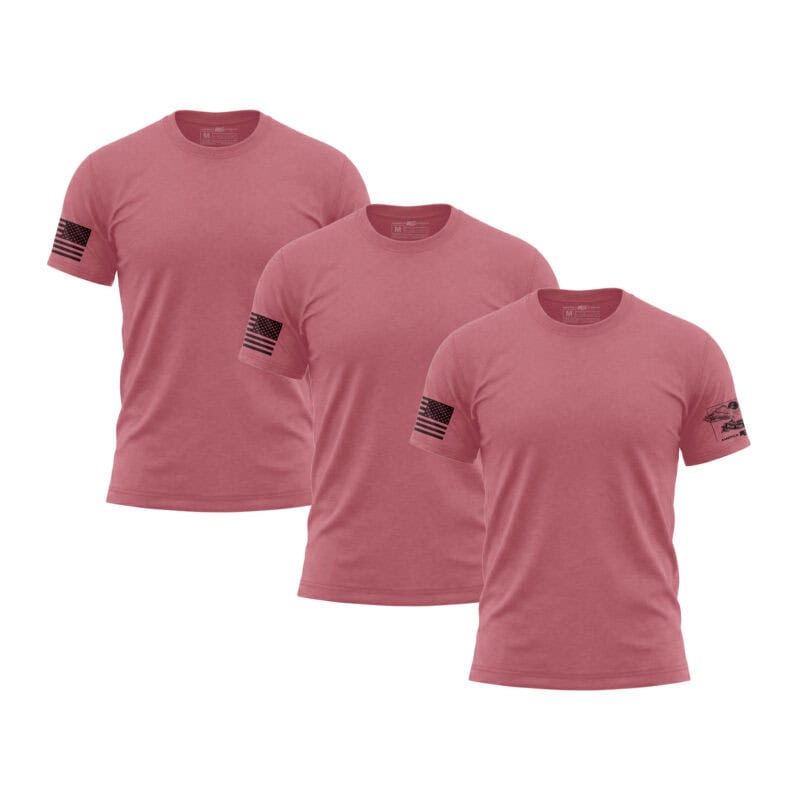 Set of three dusty rose patriotic T-shirts with American flag patches.