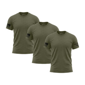 Set of three olive green American flag sleeve T-shirts for men.