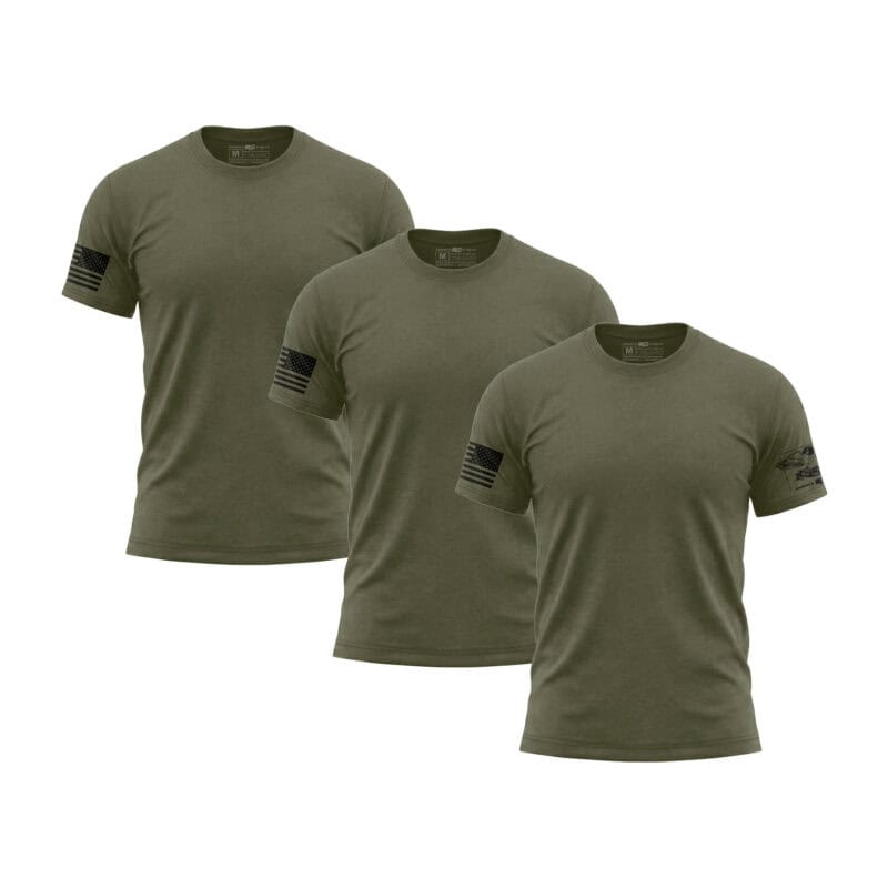Set of three olive green American flag sleeve T-shirts for men.