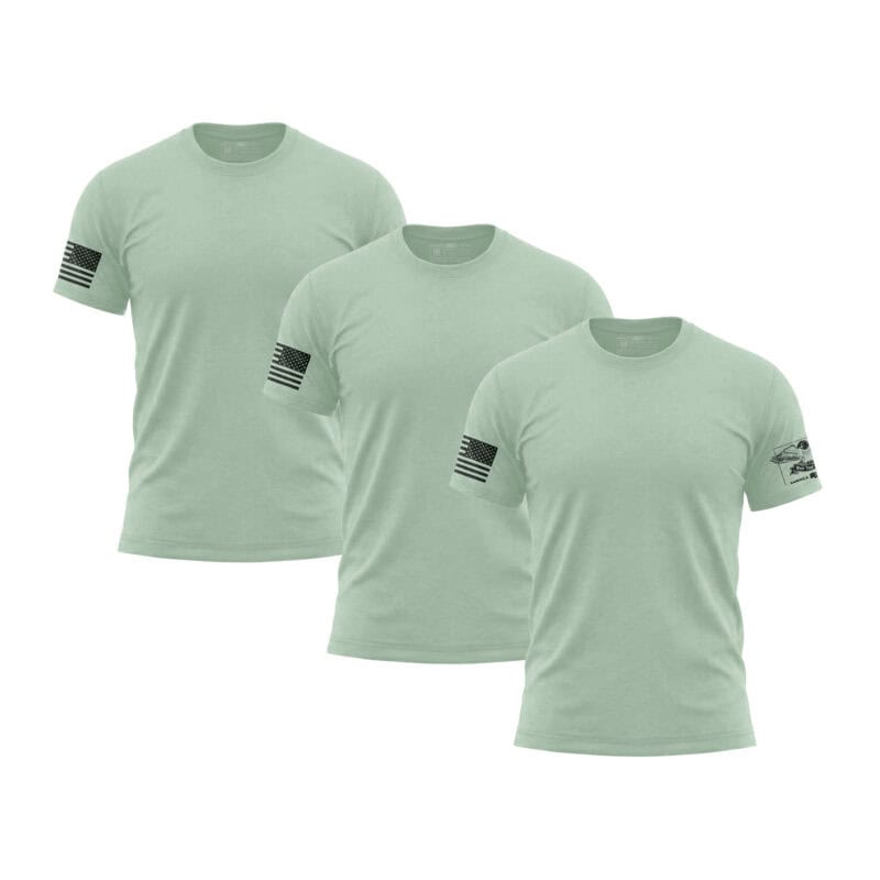 Set of three mint green American flag sleeve T-shirts for men.