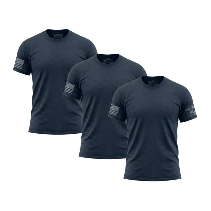 Three navy blue American flag sleeve T-shirts for men, patriotic casual wear.