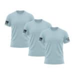 Set of three sky blue American flag sleeve T-shirts for men.