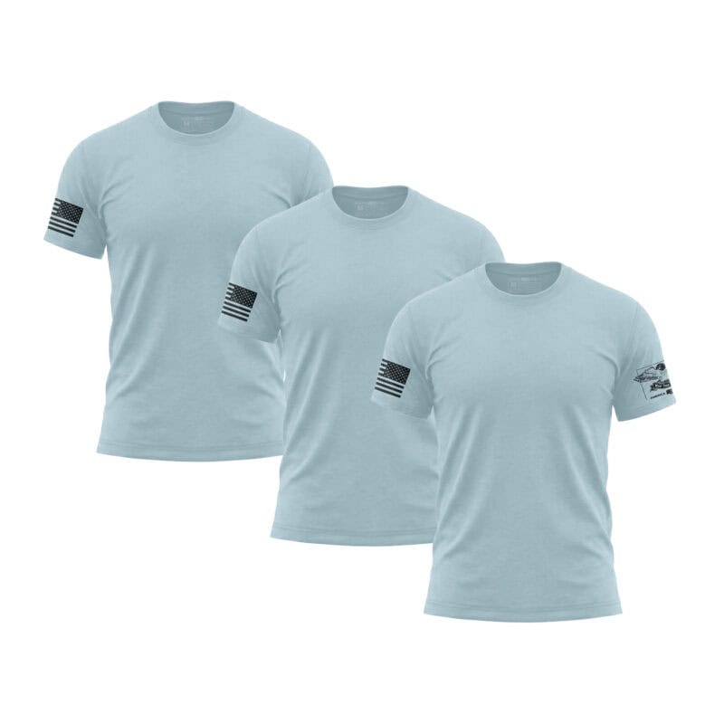 Set of three sky blue American flag sleeve T-shirts for men.